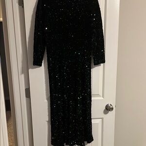 Black Sequin Long Sleeve Mock Neck Gown